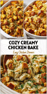 Golden baked Creamy Chicken and Stuffing Bake in a casserole dish topped with crispy stuffing and creamy sauce.